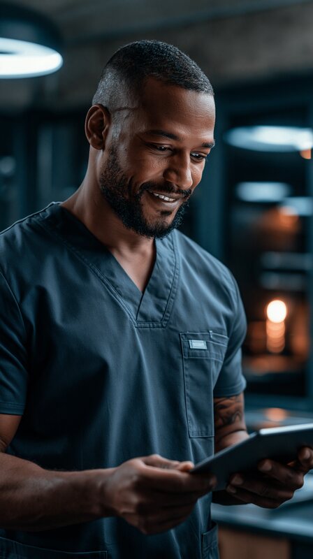 A dentist in navy scrubs reviewing patient information on a tablet