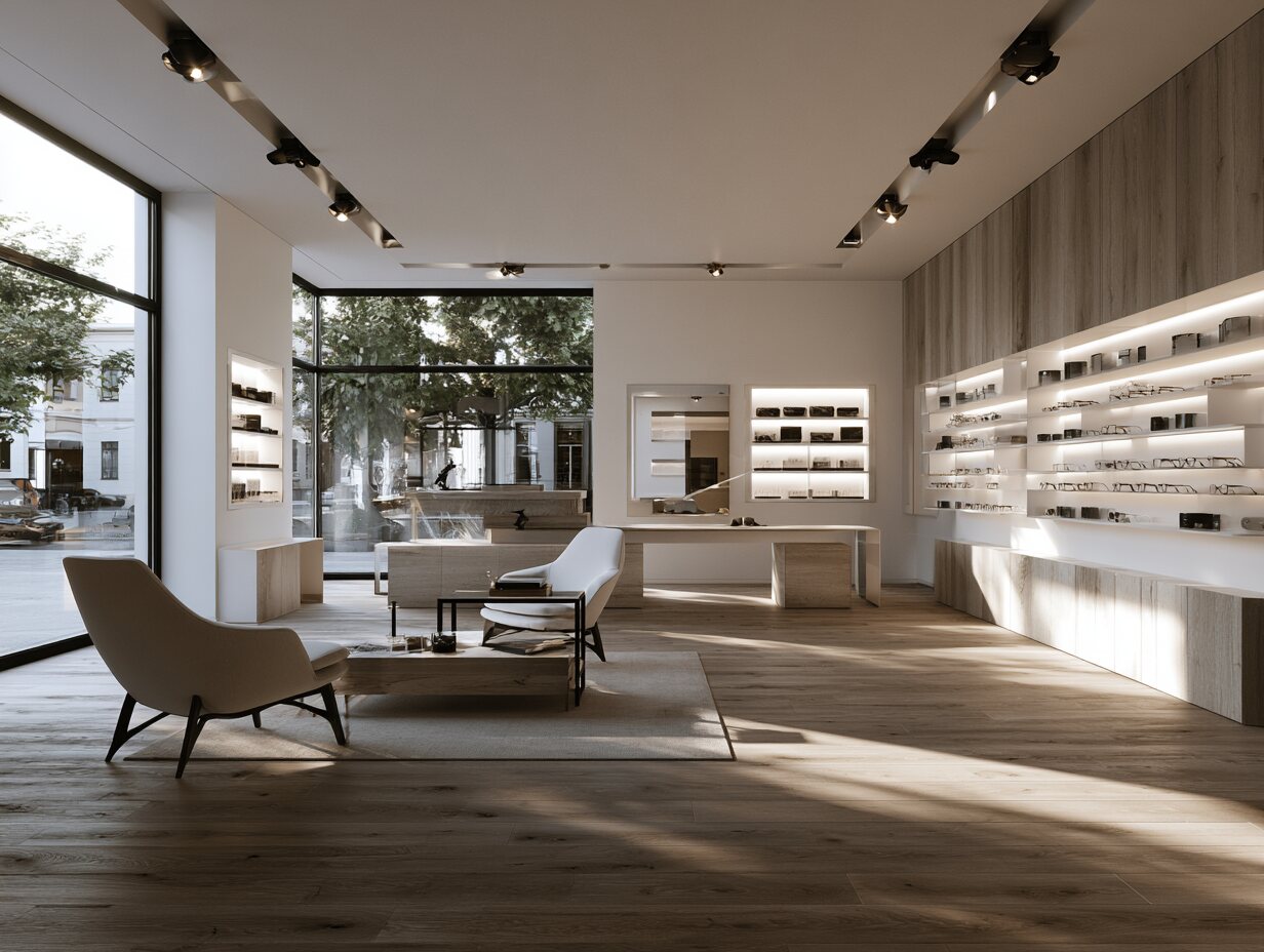The interior of a modern optometry clinic with an eyewear display