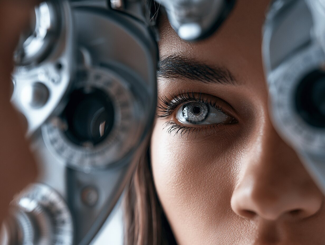 A patient undergoing a vision test through a phoropter during an eye exam
